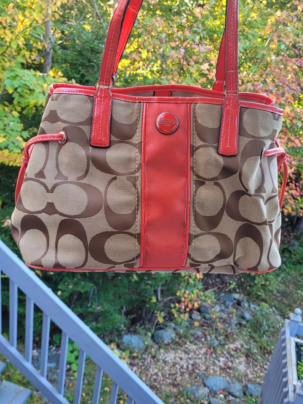 Coach Brown Signature Canvas Shoulder Bag with Coral